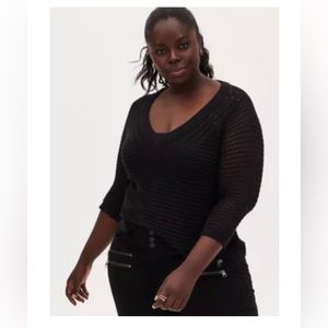 Torrid  size 4 Black Open Stitch & Pointelle V-Neck Sweater